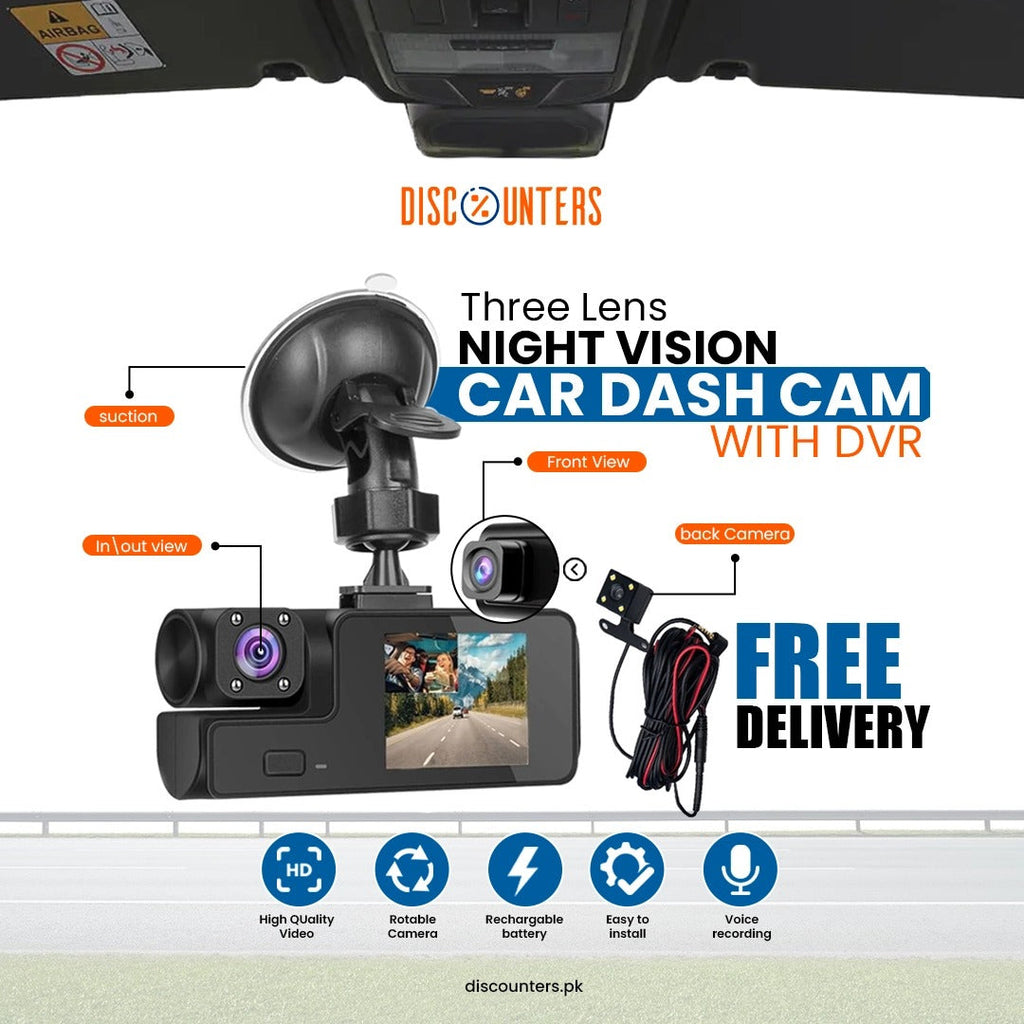 Three Lens Night Vision Car Dash Cam with DVR